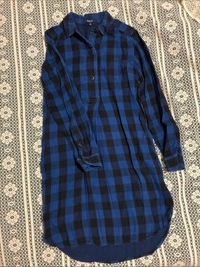 Madewell Blue and Black Buffalo Check Plaid Flannel Shirt Dress Popover Collar